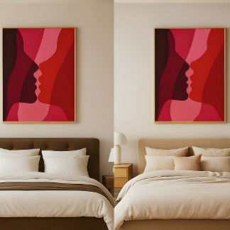 Abstracte kussende silhouetten in rood en magenta poster