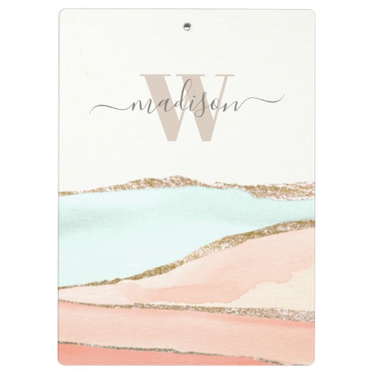 Abstracte kustWaterverf met naam en monogram Klembord (Achterkant)