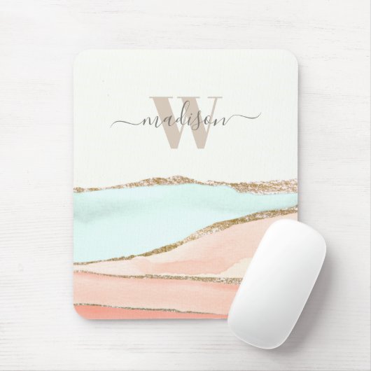 Abstracte kustWaterverf met naam en monogram Muismat (Met muis)