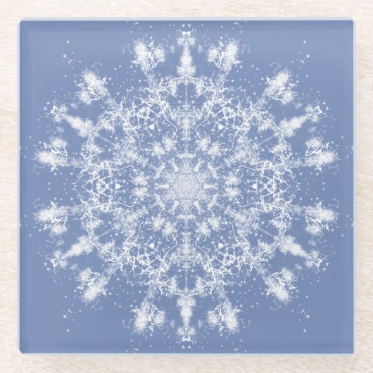 Abstracte Lacy Fractal Snowflake op blauwe achterg Glazen Onderzetter (Voorkant)