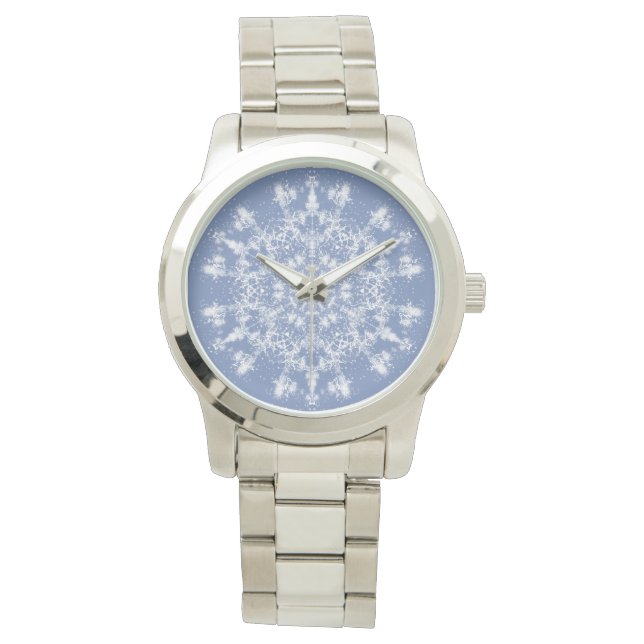 Abstracte Lacy Fractal Snowflake op blauwe achterg Horloge (Voorkant)