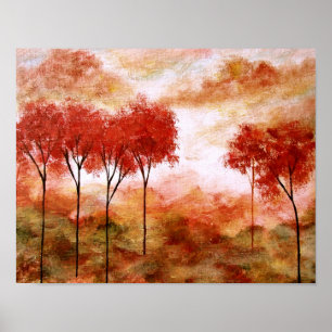Abstracte landschapskunst, Red Skinny Trees Autumn Poster