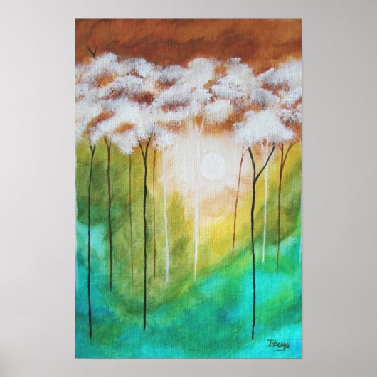 Abstracte landschapskunst, Skinny Trees, Blauwgroe Poster (Voorkant)
