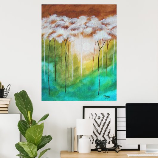 Abstracte landschapskunst, Skinny Trees, Blauwgroe Poster (Thuiskantoor)