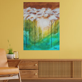 Abstracte landschapskunst, slanke bomen, turquoise poster