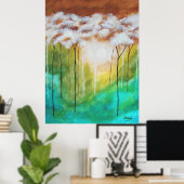 Abstracte landschapskunst, slanke bomen, turquoise poster (Thuiskantoor)