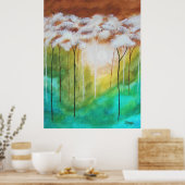 Abstracte landschapskunst, slanke bomen, turquoise poster (Keuken)
