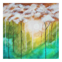 Abstracte landschapskunst, slanke bomen, turquoise