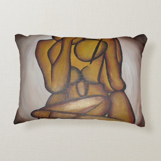 Abstracte langwerpige hedendaagse kunst in ochre e accent kussen (Achterkant)