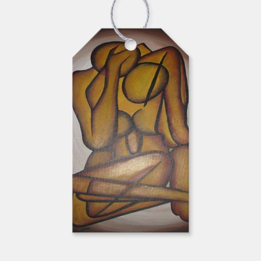 Abstracte langwerpige hedendaagse kunst in ochre e cadeaulabel (Voorkant)