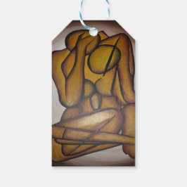 Abstracte langwerpige hedendaagse kunst in ochre e cadeaulabel