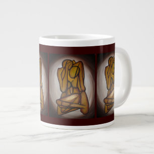 Abstracte langwerpige hedendaagse kunst in ochre e grote koffiekop