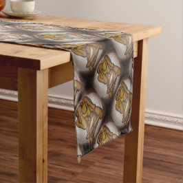 Abstracte langwerpige hedendaagse kunst in ochre e korte tafelloper