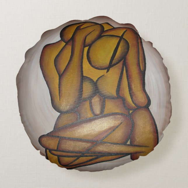 Abstracte langwerpige hedendaagse kunst in ochre e rond kussen (Achterkant)