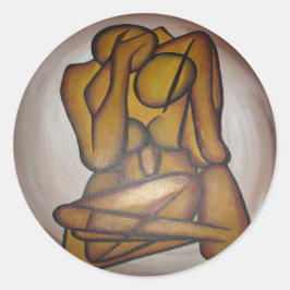 Abstracte langwerpige hedendaagse kunst in ochre e ronde sticker