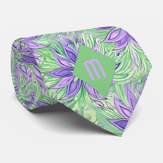 Abstracte Lavendel en Lime Groene Bloemen Stropdas (Opgerold)