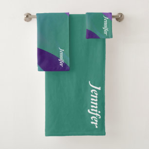 Abstracte lavendel turquoise violet met naam bad handdoek