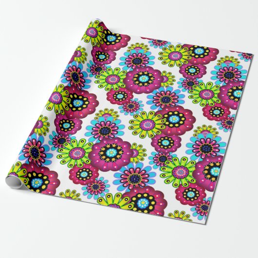 Abstracte leuke cartoons bloemen florale kinderen  cadeaupapier (Uitgerold)