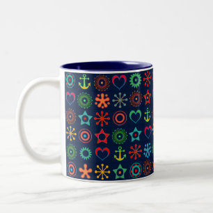 Abstracte leuke vormen retro ontwerp afdruk tweekleurige koffiemok