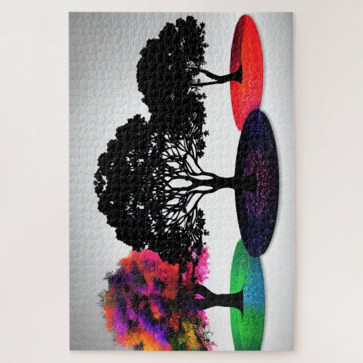 Abstracte levendige gekleurde drie omcirkelde bome legpuzzel (Verticaal)