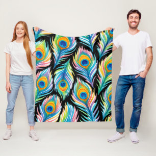 Abstracte levendige Waterverf Peacock Feather Seam Fleece Deken