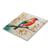 Abstracte levendige zangvogel op Golden Leaves Tre Tegeltje (Zijkant)