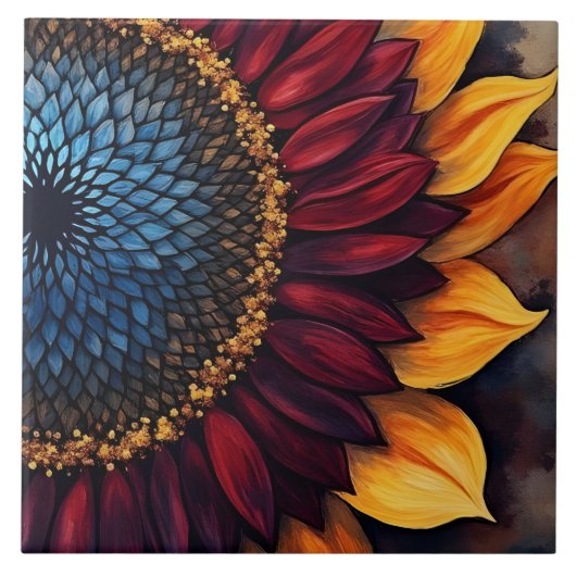 Abstracte levendige zonnebloem en zonnebloempitten tegeltje (Voorkant)