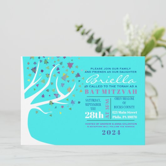 Abstracte levensboom van Mitzvah Aqua Invite Kaart (Staand voorkant)