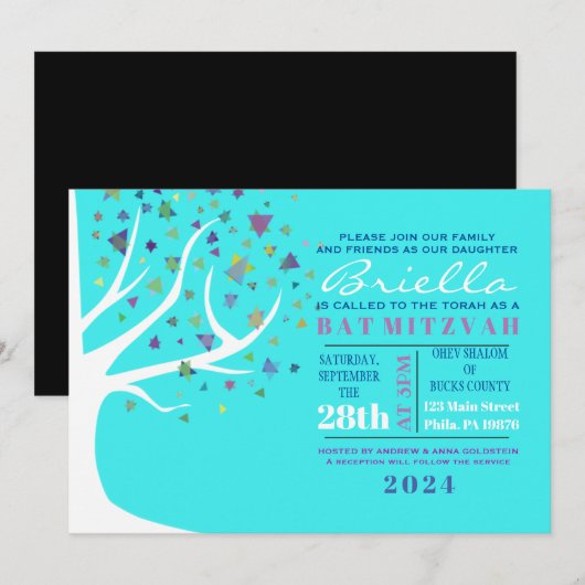 Abstracte levensboom van Mitzvah Aqua Invite Kaart (Voorkant / Achterkant)