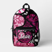 Abstracte Liefde Hart Roze Bloemen Polka Dots Zwar Bedrukte Rugzak (Voorkant)