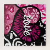 Abstracte Liefde Hart Roze Bloemen Polka Dots Zwar Legpuzzel (Horizontaal)