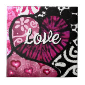 Abstracte Liefde Hart Roze Bloemen Polka Dots Zwar Tegeltje (Voorkant)