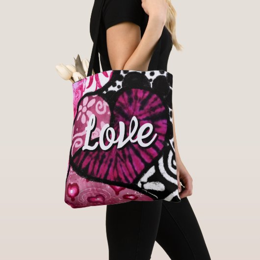 Abstracte Liefde Hart Roze Bloemen Polka Dots Zwar Tote Bag (Dichtbij)