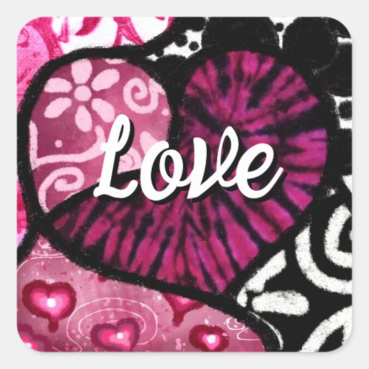 Abstracte Liefde Hart Roze Bloemen Polka Dots Zwar Vierkante Sticker (Voorkant)