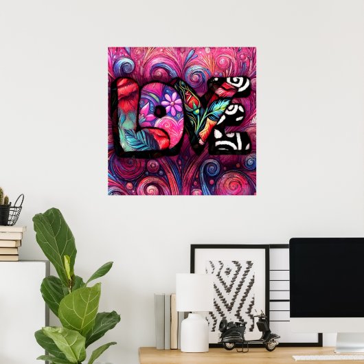 Abstracte Liefde Woord Graffiti Valentijn Bloemen Poster (Thuiskantoor)