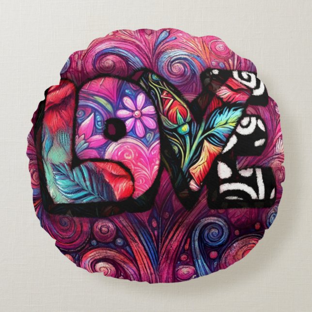 Abstracte Liefde Woord Graffiti Valentijn Bloemen  Rond Kussen (Voorkant)