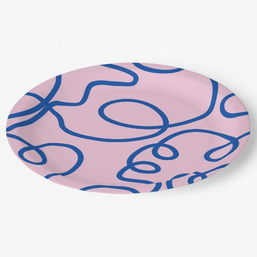 Abstracte lijn Art Retro roze en blauw Papieren Bordje (Gekanteld)