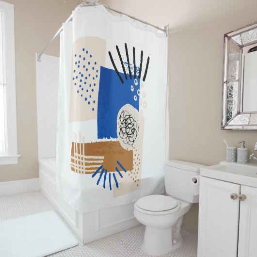 Abstracte lijn Blauw en beige Douchegordijn (In situ)