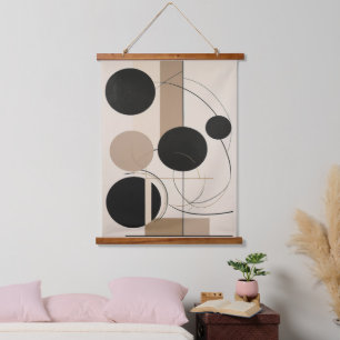 Abstracte lijn en cirkel moderne kunst in Beige Hangend Wandkleed