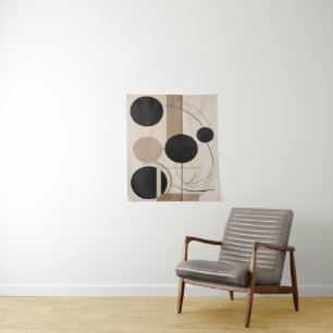 Abstracte lijn en cirkel moderne kunst in Beige Wandkleed