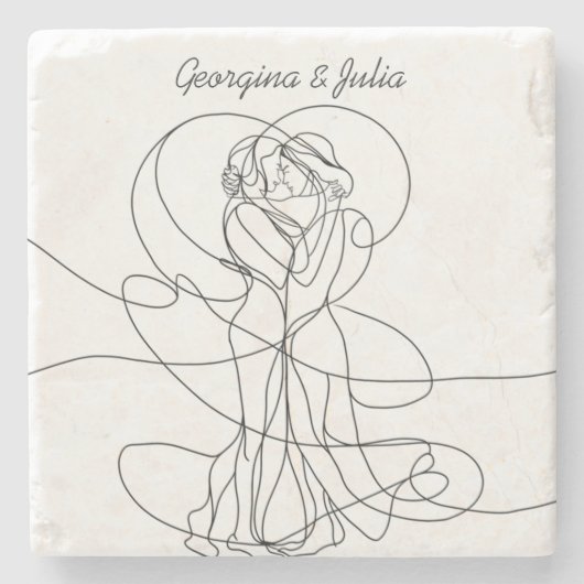Abstracte lijn kunst van lesbisch koppel met namen stenen onderzetter (Voorkant)