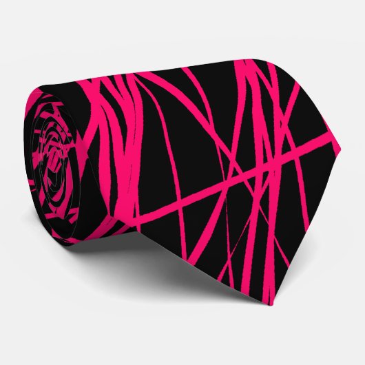 Abstracte lijnen - Neon Red op zwart Stropdas (Opgerold)