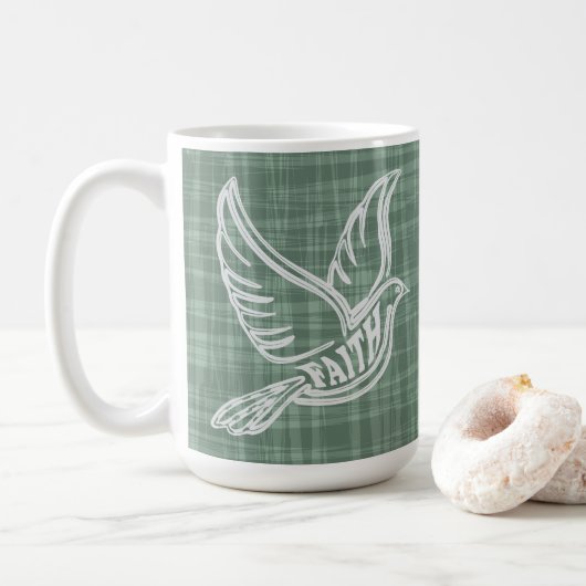 Abstracte lijnen van duif met geloof in het lichaa koffiemok (Met donut)