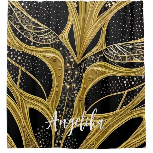 Abstracte Lijnen Zwarte en Gold Persoonlijke Naam Douchegordijn (Voorkant)