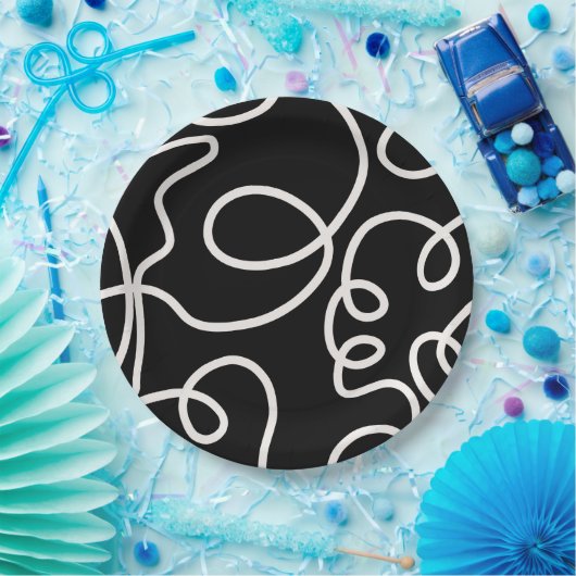 Abstracte lijnpenseelstreken zwart en wit papieren bordje (Feest)