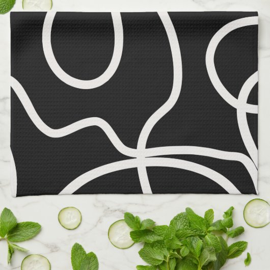Abstracte lijnpenseelstreken zwart en wit theedoek (Gevouwen)