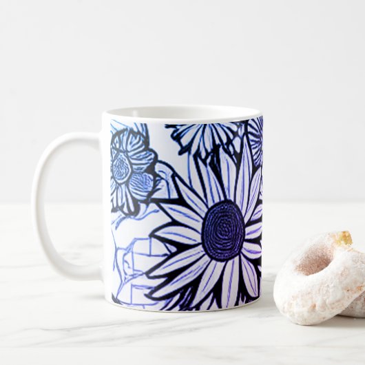 Abstracte lijntekening Floral Art Paars Blue Koffiemok (Met donut)
