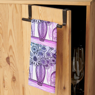 Abstracte lijntekening Floral Art Paars Blue Theedoek