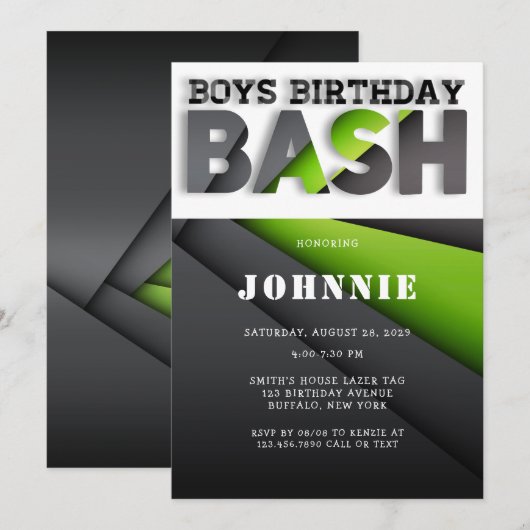 Abstracte Lime Green Black Boys Bash Birthday Part Kaart (Voorkant / Achterkant)