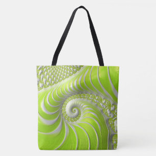 Abstracte limoengroene spiraalfractaal tote bag
